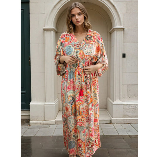 Teagan cream orange pink & brown dress