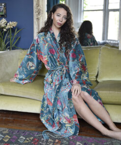 VELVET TEAL EXOTIC FLOWER DRESSING GOWN SATIN LINE