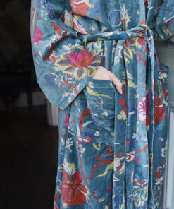VELVET TEAL EXOTIC FLOWER DRESSING GOWN SATIN LINE