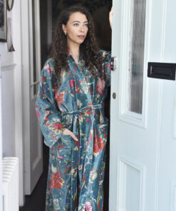 VELVET TEAL EXOTIC FLOWER DRESSING GOWN SATIN LINE