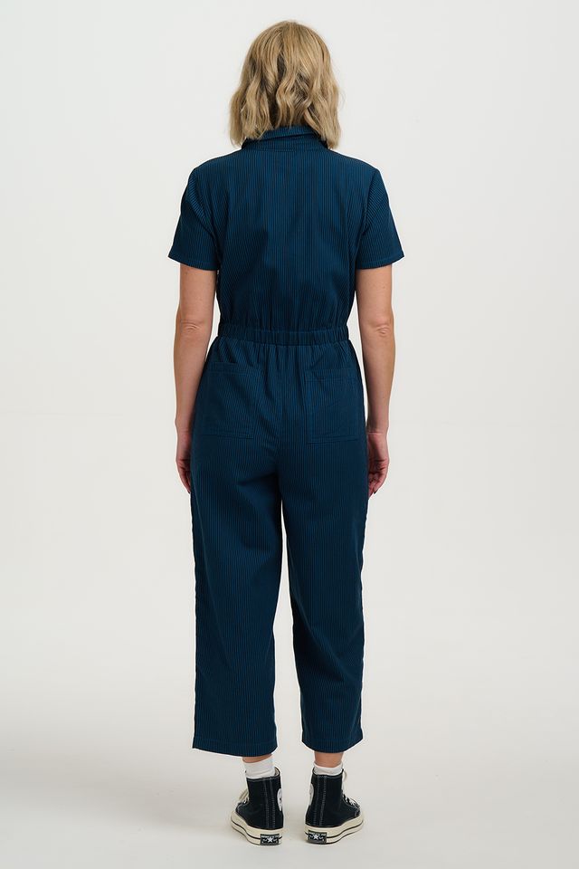 BLACK/TEAL, THIN STRIPE CORA CROPPED JUMPSUIT