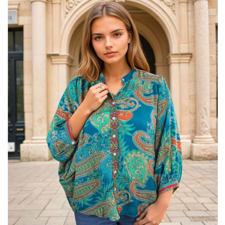 Turquoise orange prink & brown button down shirt
