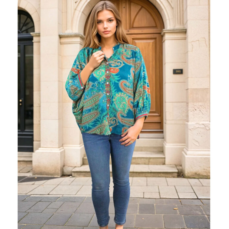 Turquoise orange prink & brown button down shirt