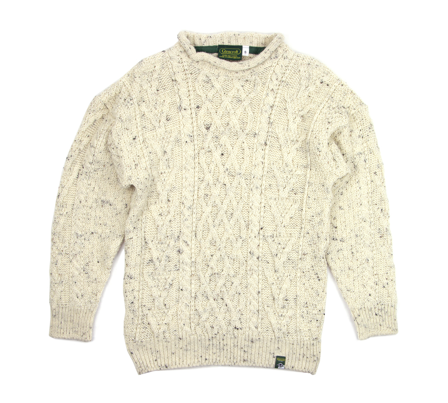 100% Wool Roll Collar Aran Jumper - Cream Nep
