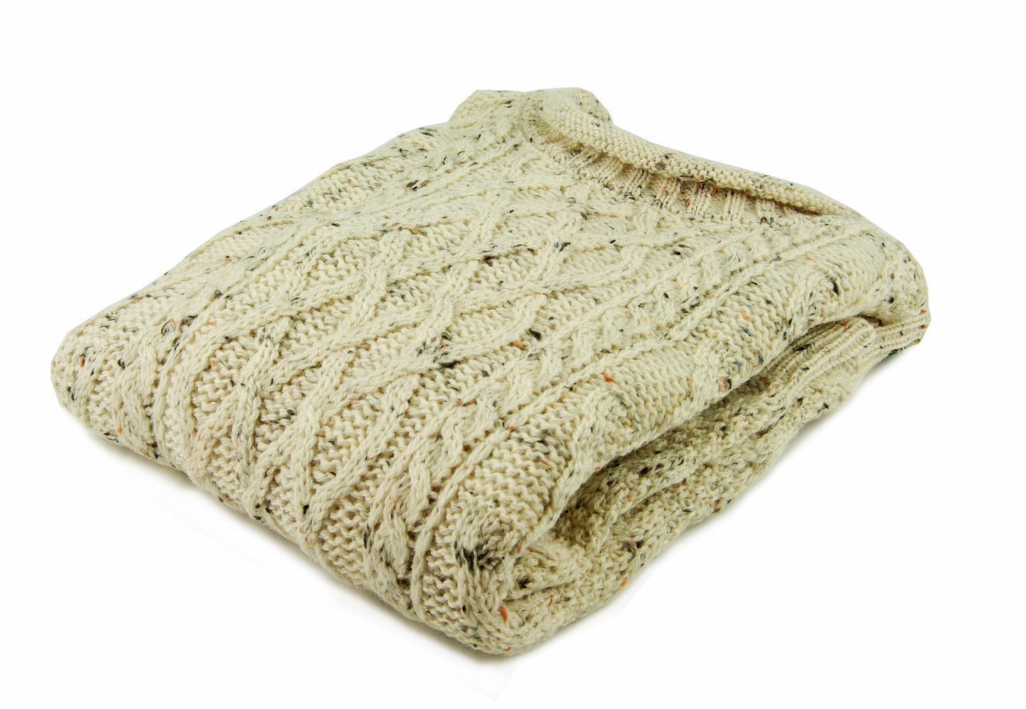 100% Wool Roll Collar Aran Jumper - Cream Nep