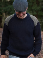 100% Wool Crew Nk weater / Tweed Patches - Nvy