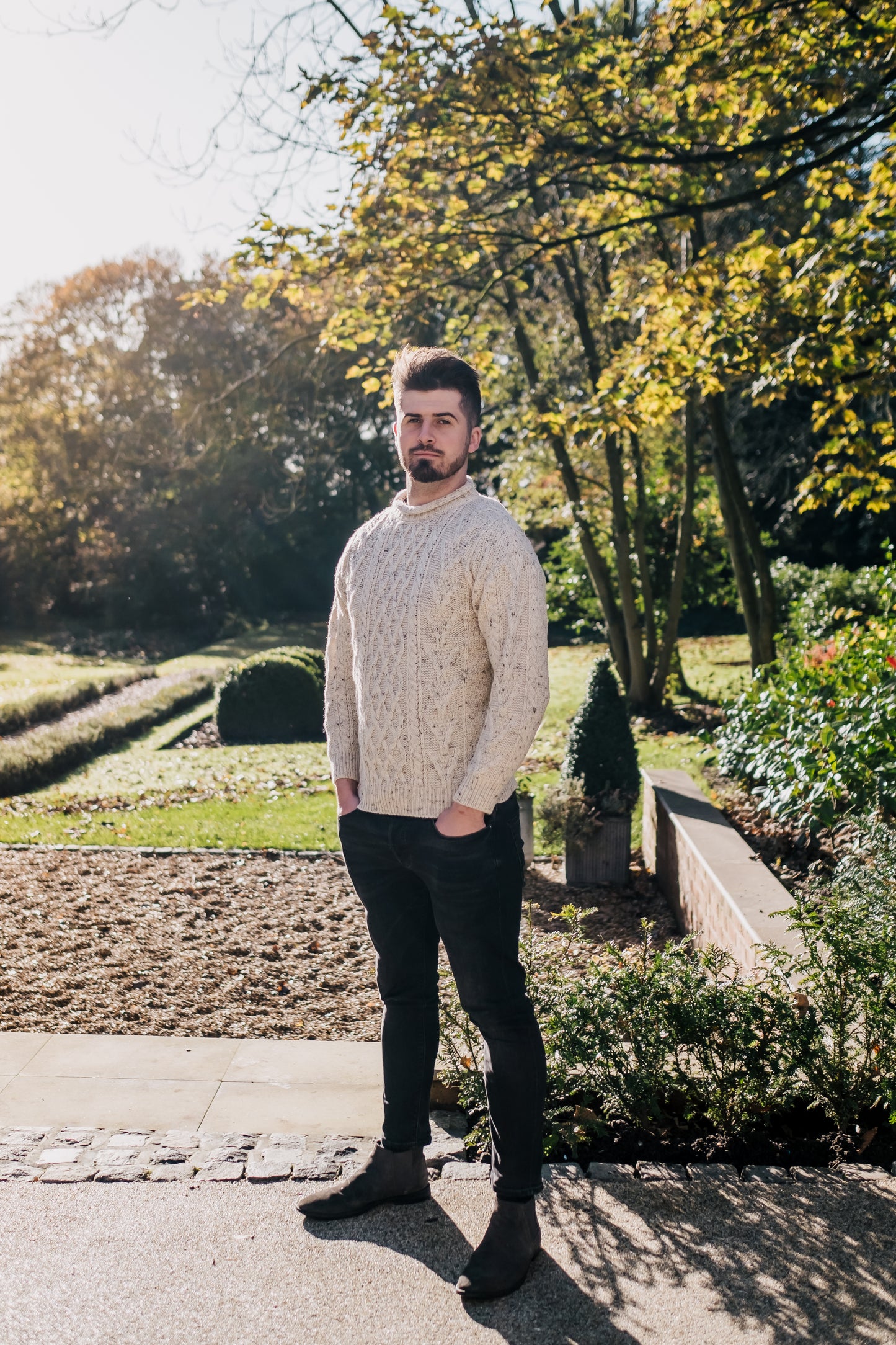 100% Wool Roll Collar Aran Jumper - Cream Nep