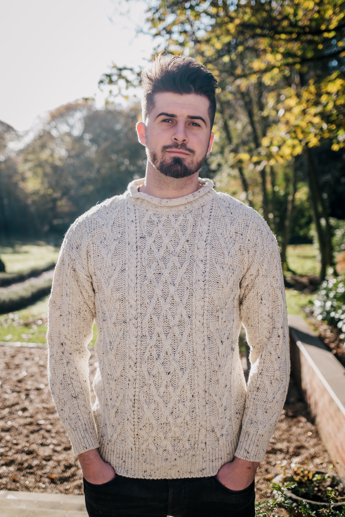 100% Wool Roll Collar Aran Jumper - Cream Nep