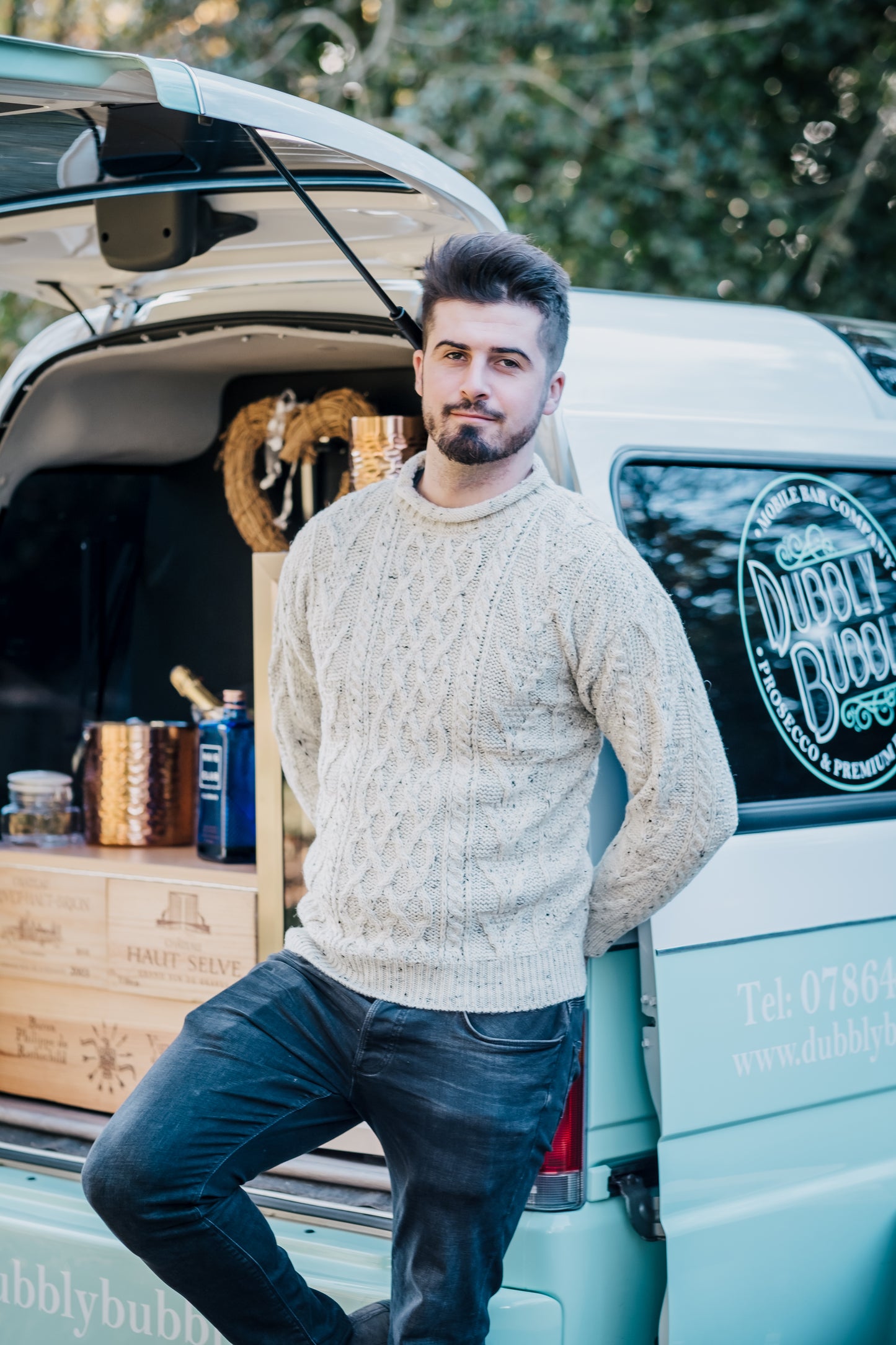 100% Wool Roll Collar Aran Jumper - Cream Nep