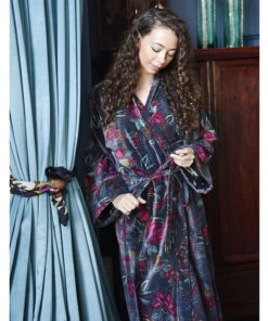 VELVET GREY FRUIT BIRD DRESSING GOWN SATIN LINED O
