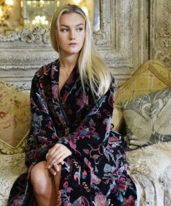 VELVET BLACK EXOTIC FLOWER DRESSING GOWN SATIN LIN