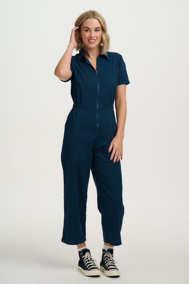 BLACK/TEAL, THIN  STRIPE  CORA CROPPED JUMPSUIT