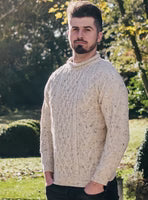100% Wool Roll Collar Aran Jumper - Cream Nep